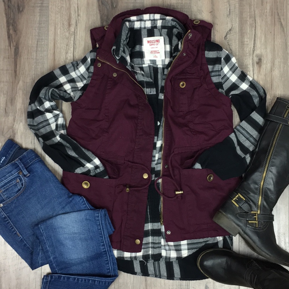 Burgundy FallFaux Fur Lined Utility Vest Tie Waist